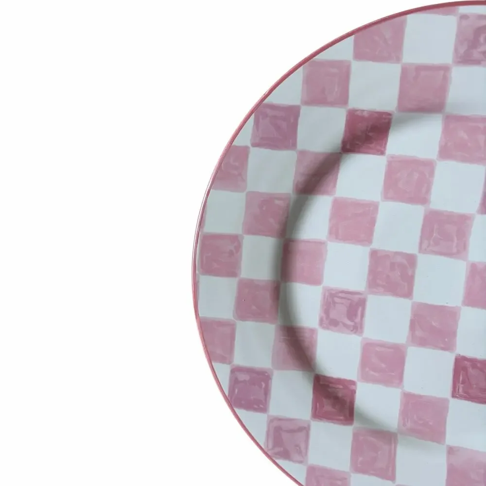 NEW Mackenzie-Childs Pink Check Dinner Plate 11in Portugal Stoneware